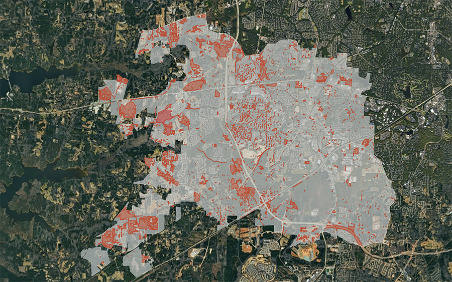 Vegetation lost between July 2016 and July 2020, in red. Gray boundary is Apex corporate limits plus the ETJ.