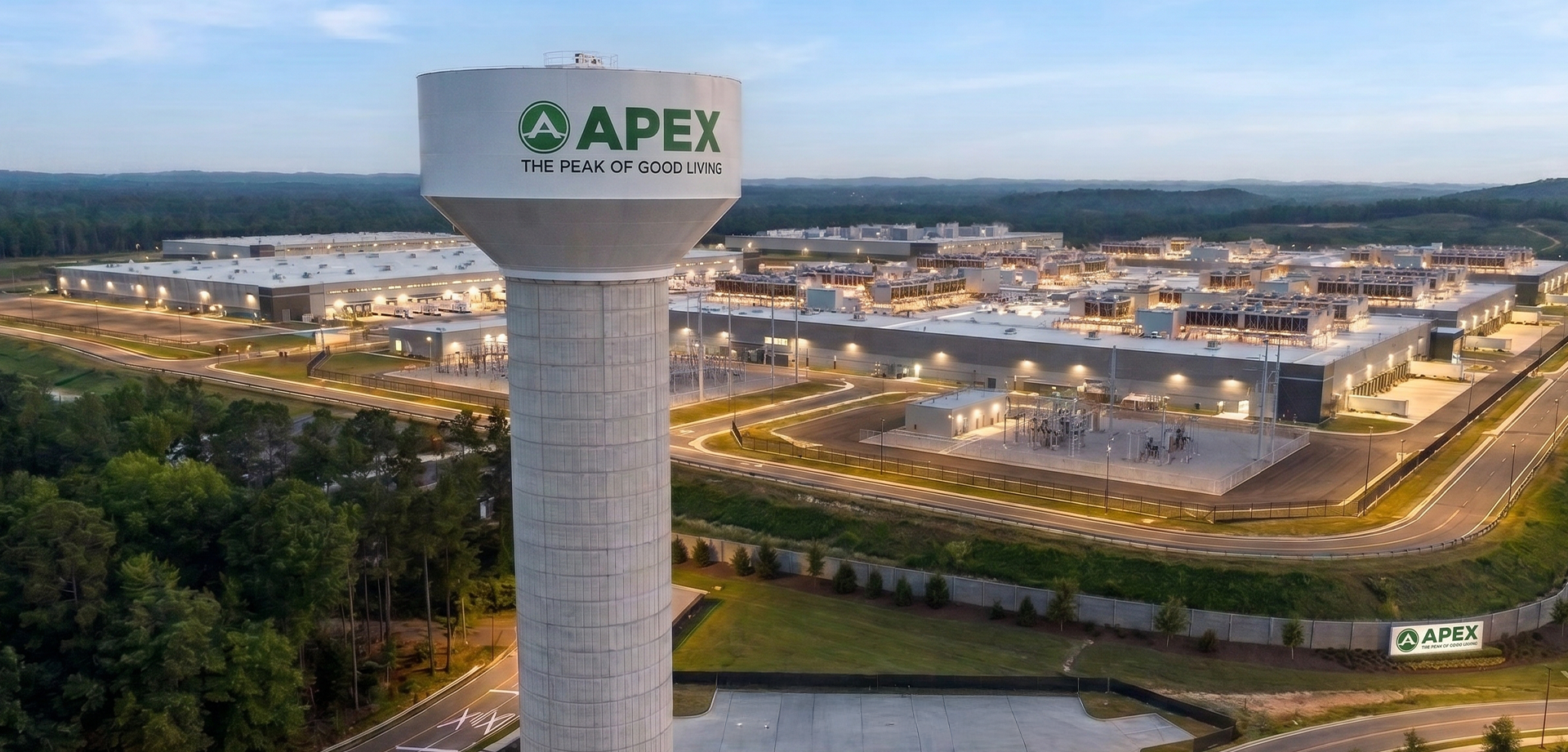 data-center Mockup rendering of a data center behind the Apex water tower