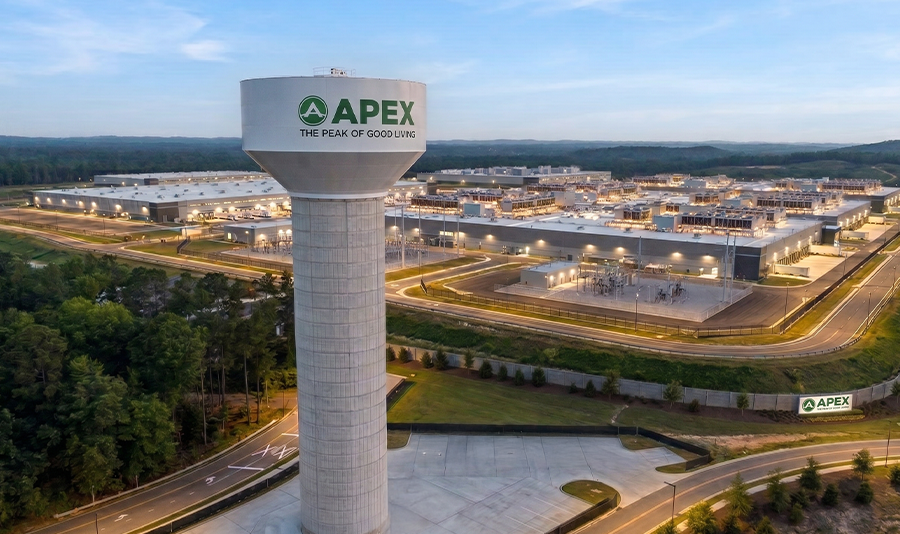 datacenter Mockup rendering of a data center behind the Apex water tower