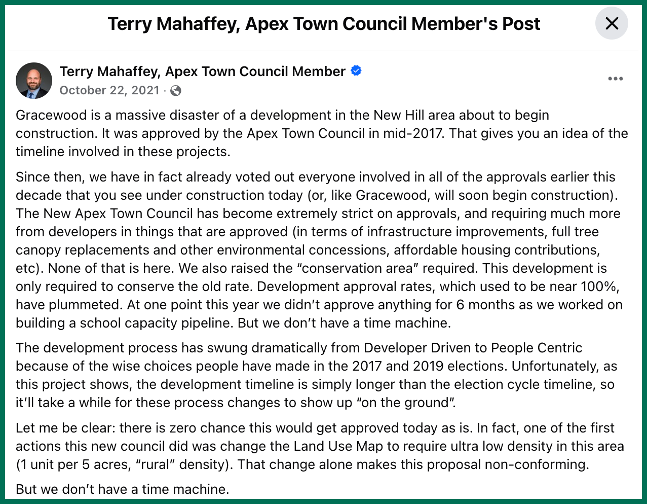 Mahaffey on Facebook, October 22, 2021 saying that Gracewood should not have been approved by previous council because it lacked, in part, full tree canopy replacements.