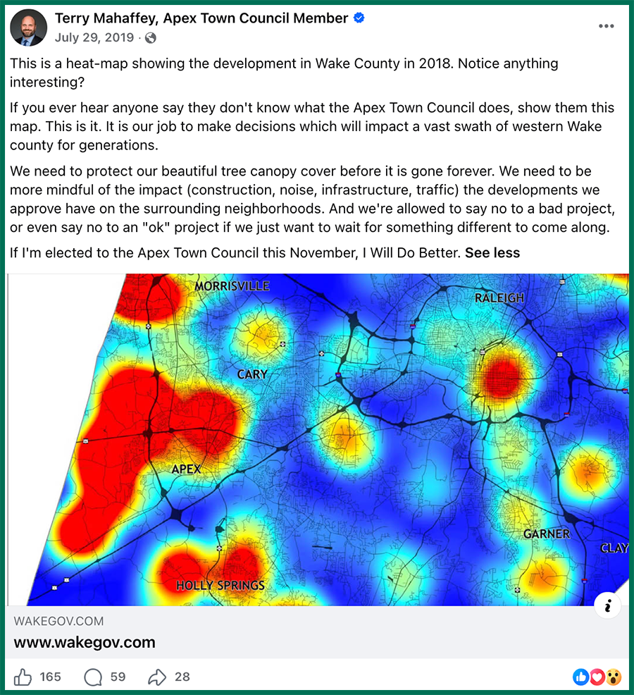 Mahaffey on Facebook, July 29, 2019, three months before his first election, complaining about over-development and promising to do better.