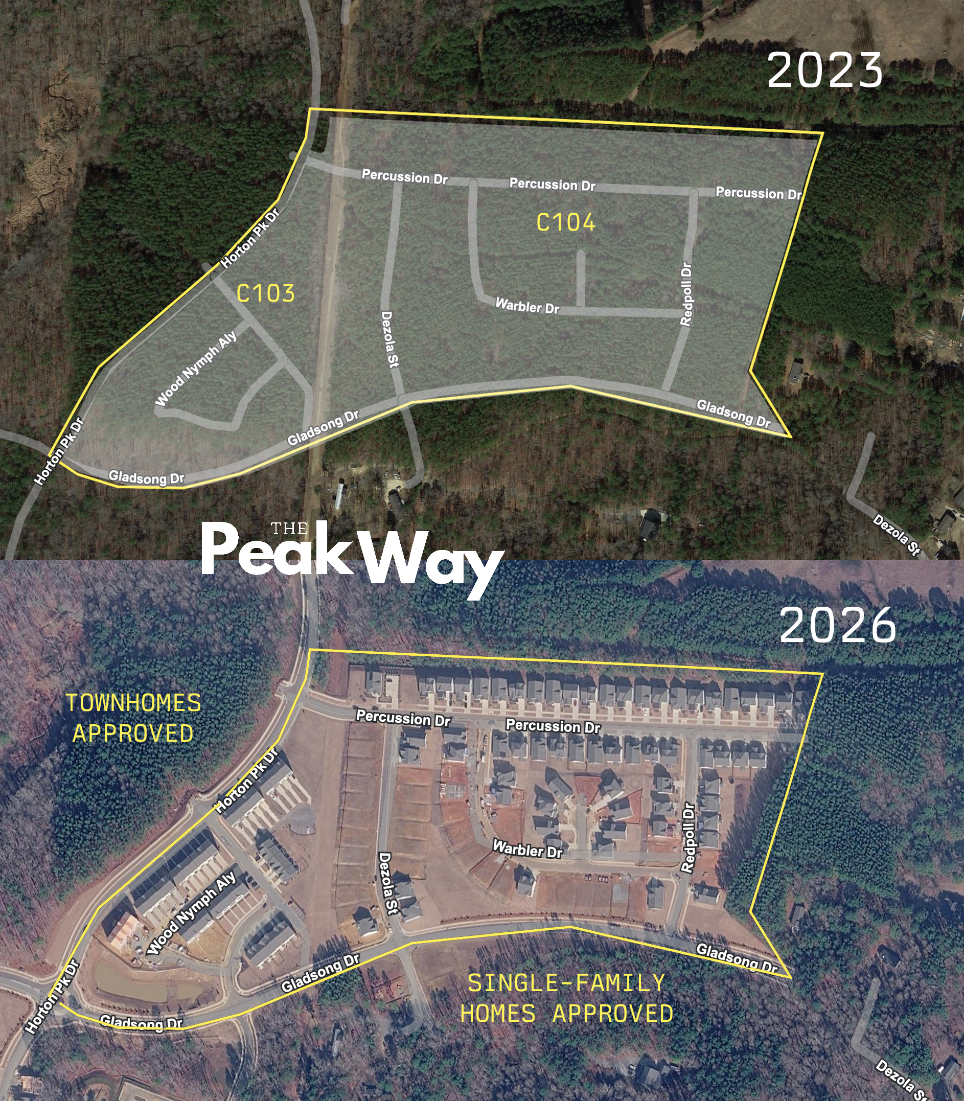 Horton Park, Phases along Percussion Drive and Wood Nymph Alley, before and after. Street grid overlaid on the before frame.